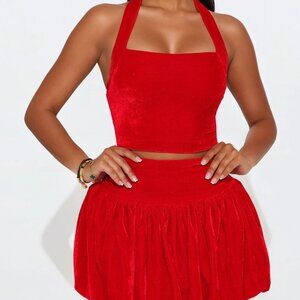 Divine Velvet Bubble Skirt Set - Red